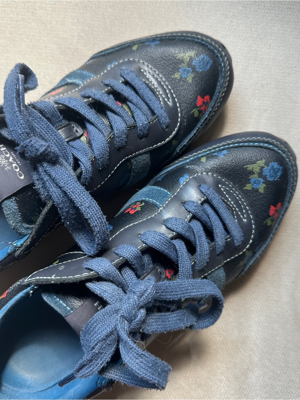 Coach Navy Leather Sneakers with Red and Blue Floral Details